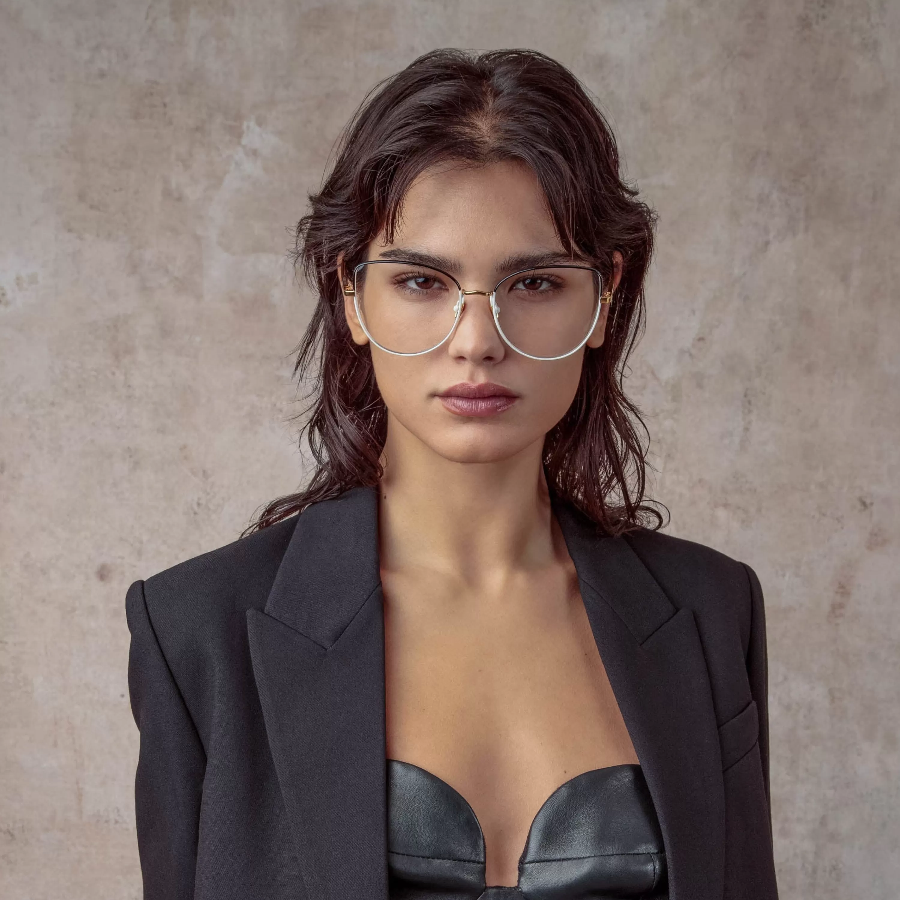 LINDA FARROW (U.K.) Eloise Cat Eye Optical Frame in Black and Yellow Gold