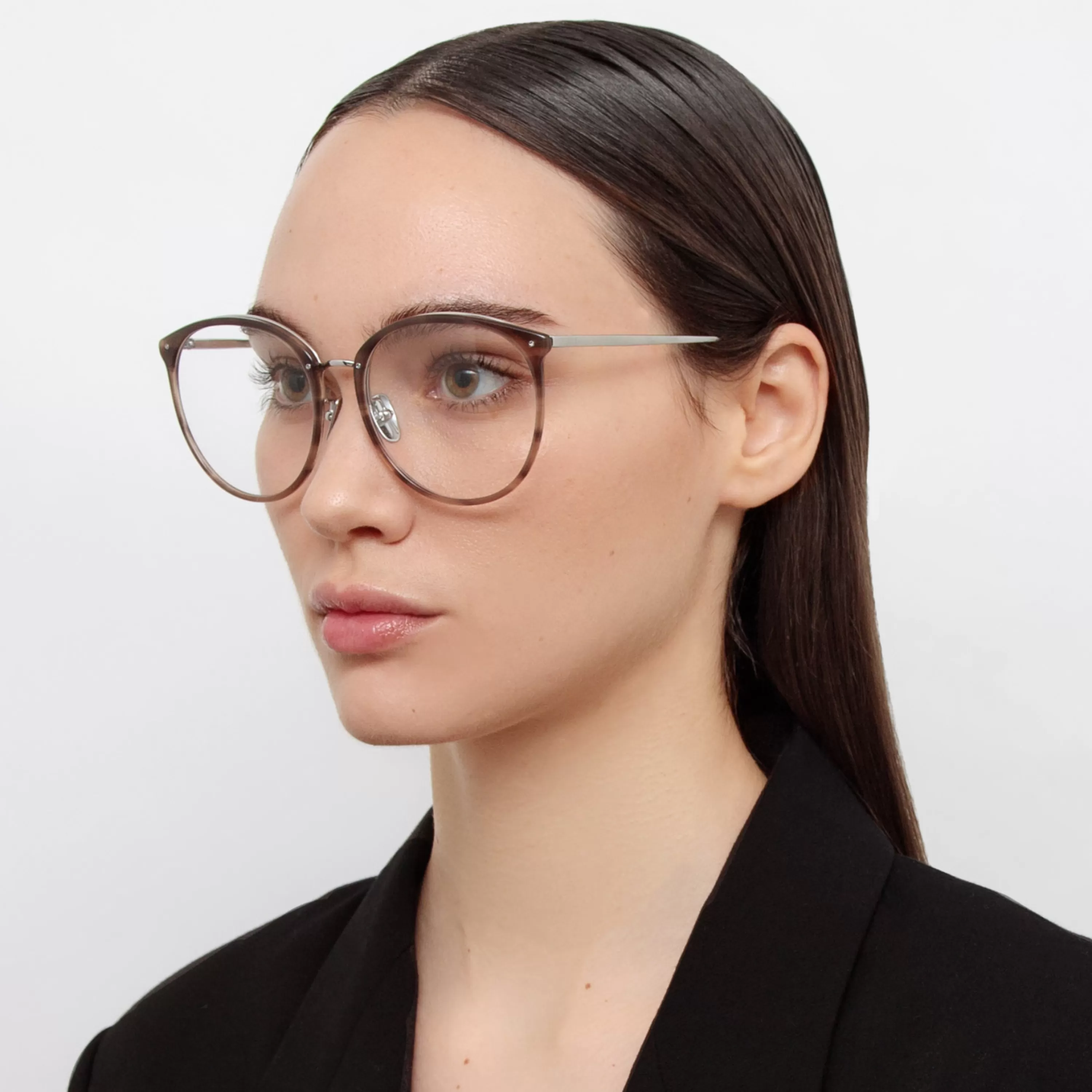 Women Linda Farrow Kings Oversized Optical Frame in Grey Horn